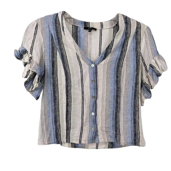 Drew Linen Blend Striped Ruffle Flutter Sleeve V-Neck Button Down Blue Top XS - Picture 1 of 6